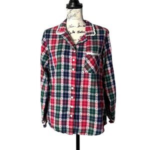 Lanz Of Salzburg Women's Plaid Flannel Pajama Top Button-Up Red Green Size S